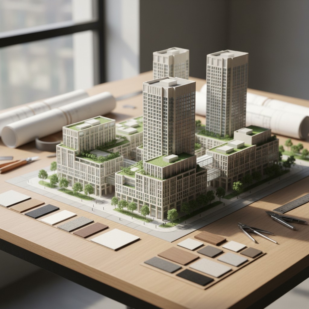 Designers' workspace with 3D models and materials