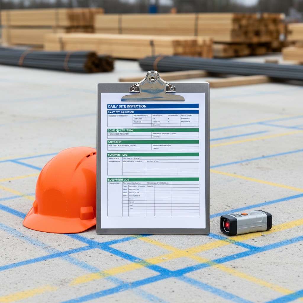 An image of a clipboard with a daily site inspection form in front and a pile of building materials in the background