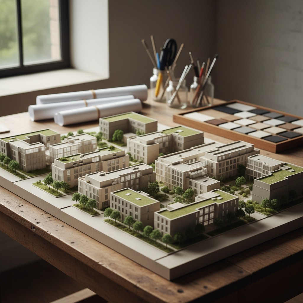 A 3D architectural model for a city block on a wooden table, displayed among various tools.